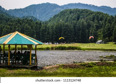 Aerial view of Khajjiar lake during paragliding flight